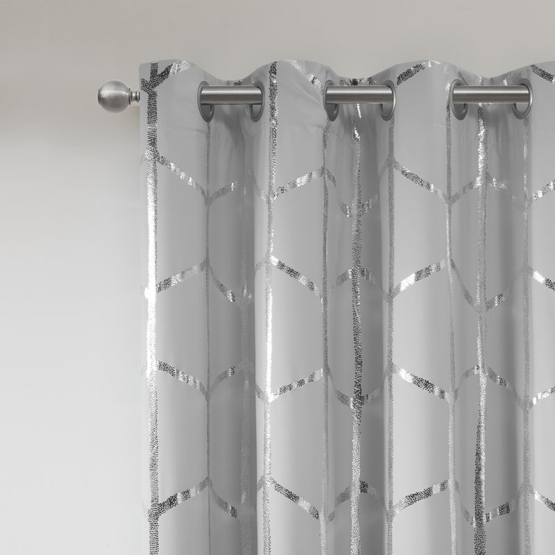 Grey/Silver Geometric Blackout Polyester Grommet Curtains, 50"x84" Set of 2