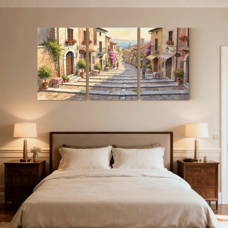 Scénario et paysages urbains ensoleillés, rue méditerranéenne avec fleurs et balcons, ensemble de 3 impressions sur toile