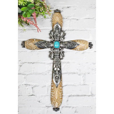 Croix murale en filigrane turquoise fleur de lys Western