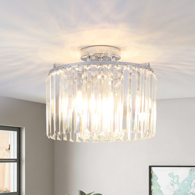 4-light Semi Flush Mount Ceiling Light Fixture, Silver Close To Ceiling Light With Crystal Shade