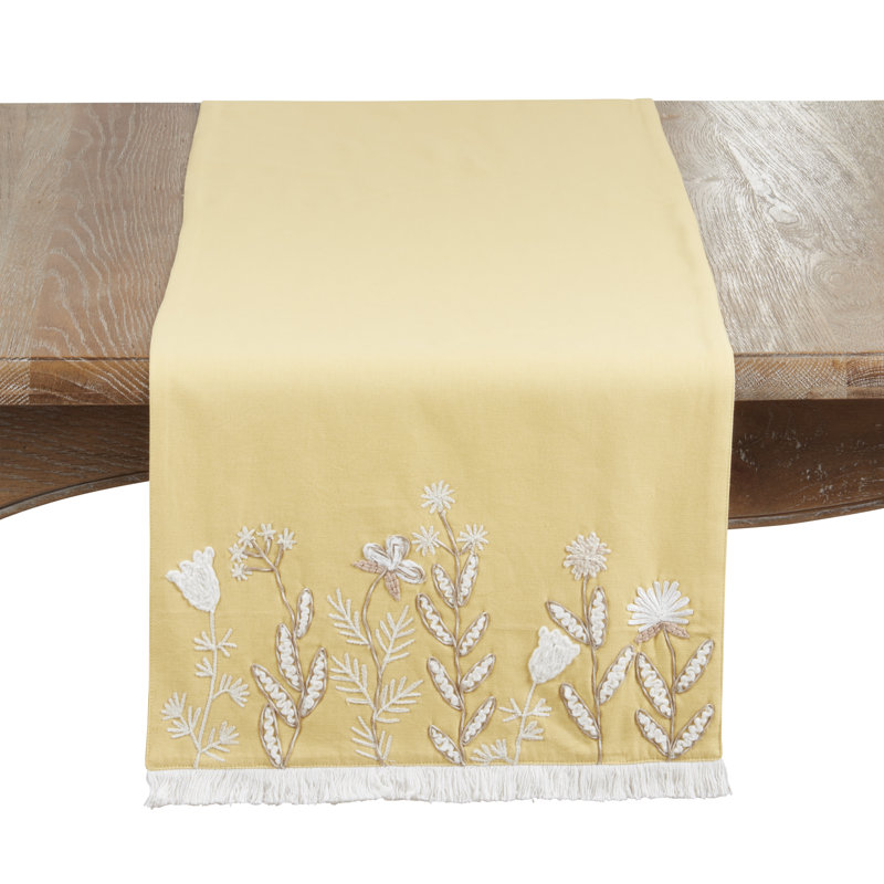 Embroidered Meadow Table Runner – Lined Decorative Table Runner with Fringe for Dining & Console Tables, 16"x72", Yellow