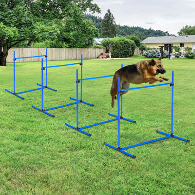 Pawhut 4 Piece Dog Agility Training Equipment For Dog Agility Course With Adjustable Height Jump Bars, Included Carry Bag, & Displacing Top Bar, Blue