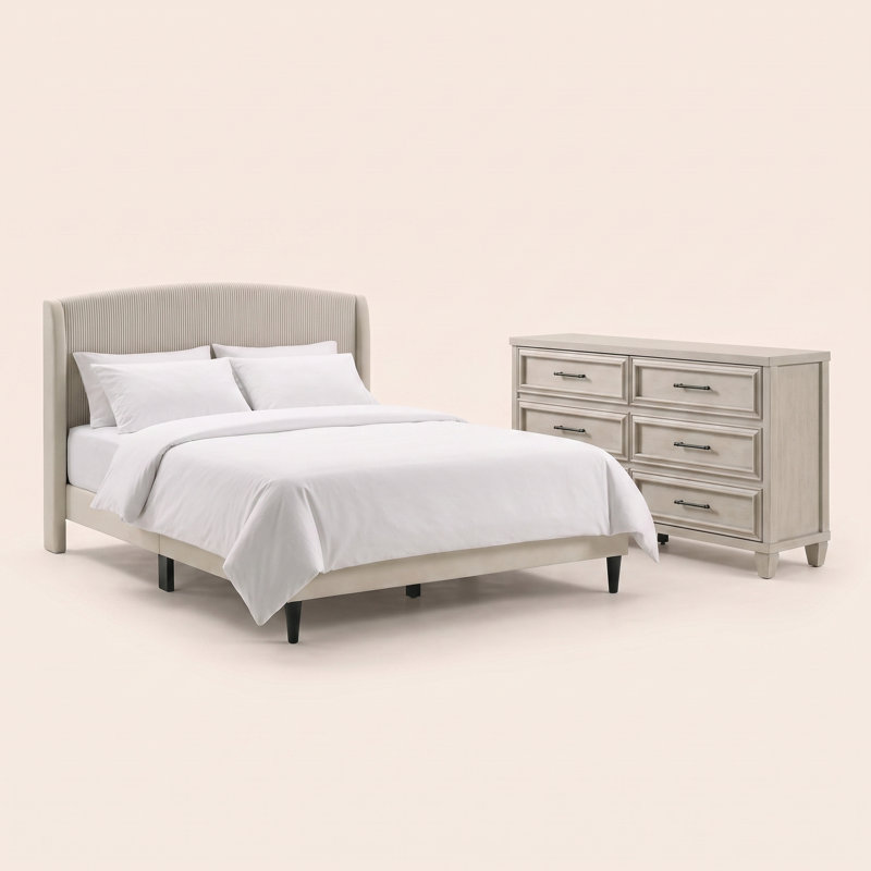 Jolande Contemporary 2 Pieces Bedroom Set, 2 Pcs: Bed, Dresser, Queen