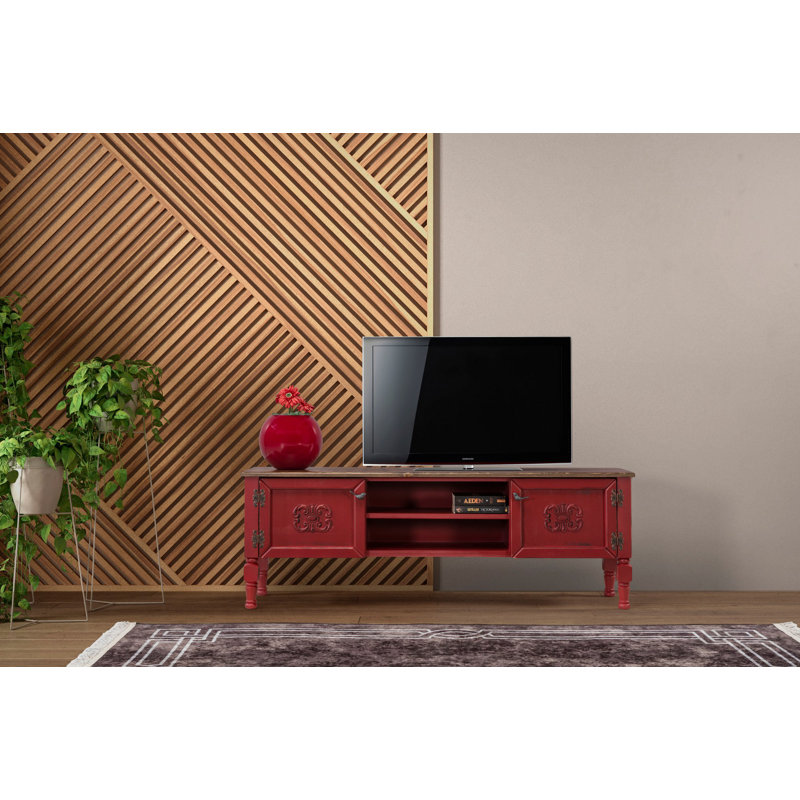 Meuble télé traditionnel rouge avec plateau en bois d'épinette, 59,1 po x 15,7 po x 19,7 po | 100% panneau de fibres à densité moyenne avec épaisseur de 0,4 pouce, pieds de charme | Espace de rangement spacieux avec tablette de 15,6 pouces de hauteur | Élégant et fonctionnel pour la décoration de salon