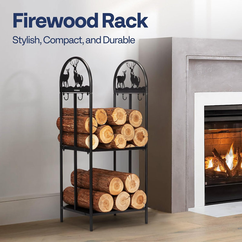 3Ft 2-Tier Wrought Iron Storage Log Rack With Elk Pattern