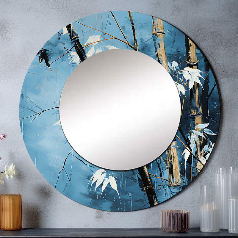 Serenity en bleu forêt de bambou I - décor de miroir mural unique en bambou, grand miroir rond bleu, impression d'art en métal
