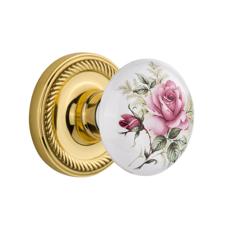Rope Rosette with White Rose Porcelain Door Knob, Polished Brass