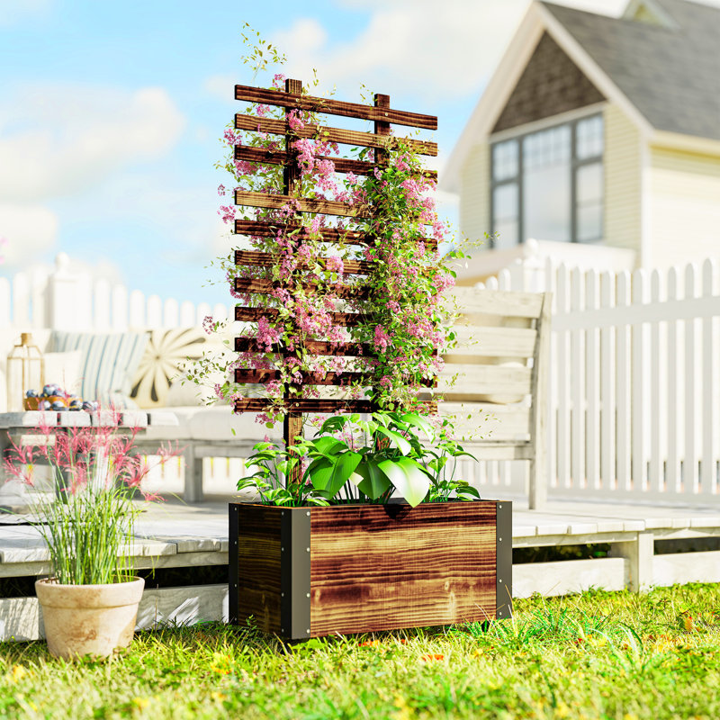 Wooden Raised Garden Bed, Planter Box W/ Trellis And Metal Corners, Portable On Wheels For Patio, Backyard, Deck, Brown