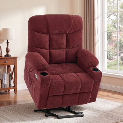 Fauteuil inclinable électrique à deux moteurs avec massage et chaleur, fauteuil inclinable électrique à position infinie avec USB A&C, porte-gobelets (T6012 - tissu chenille, bourgogne, surdimensionné)