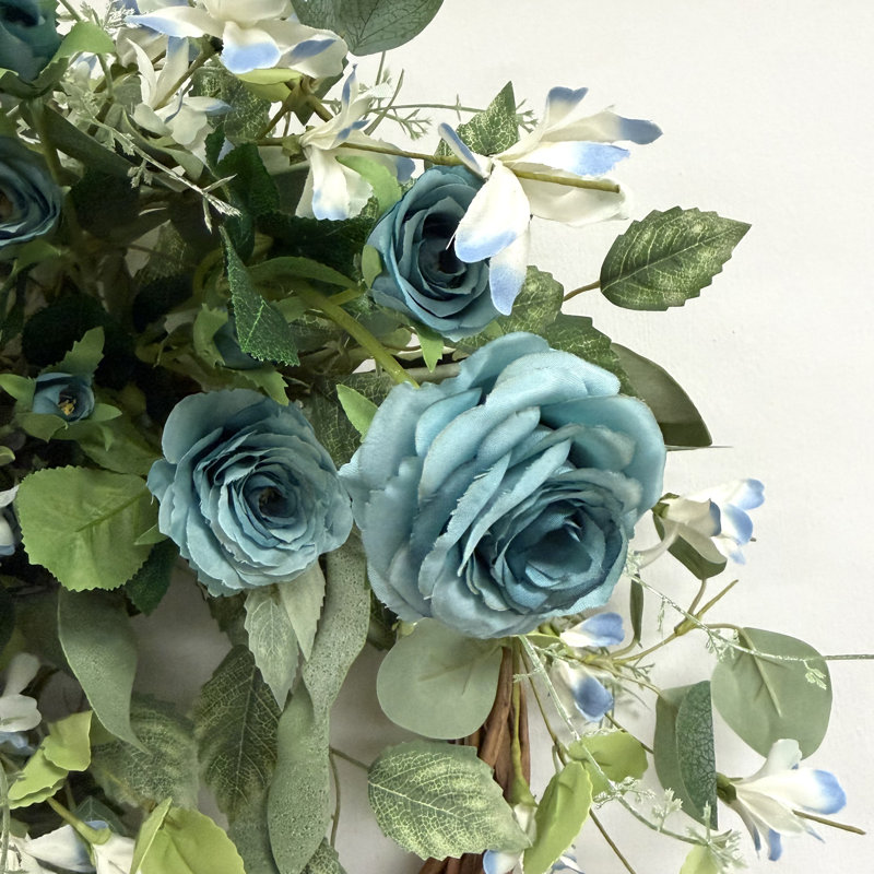 Couronne de 24 po avec demi-anneau de printemps artificiel et feuillage vert été, Vert/bleu