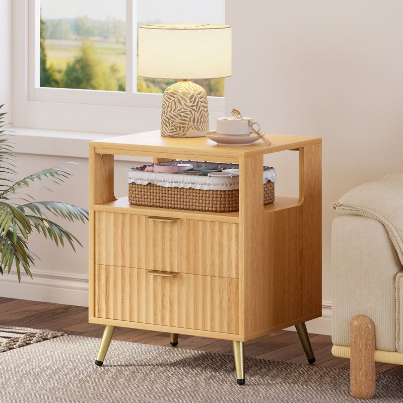 Mid-Century Modern 2-Drawer 23" Tall Nightstand with Open Cubby, Fluted Cute Bedside Table with Open Shelf, Storage End Table For Bedroom, Living Room, Sofa and Office