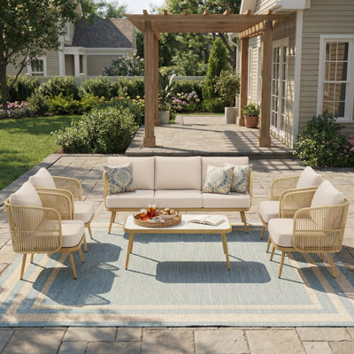 6 Piece Outdoor Wicker Rope French Garden Style Sofa Set with Armchairs And Coffee Table