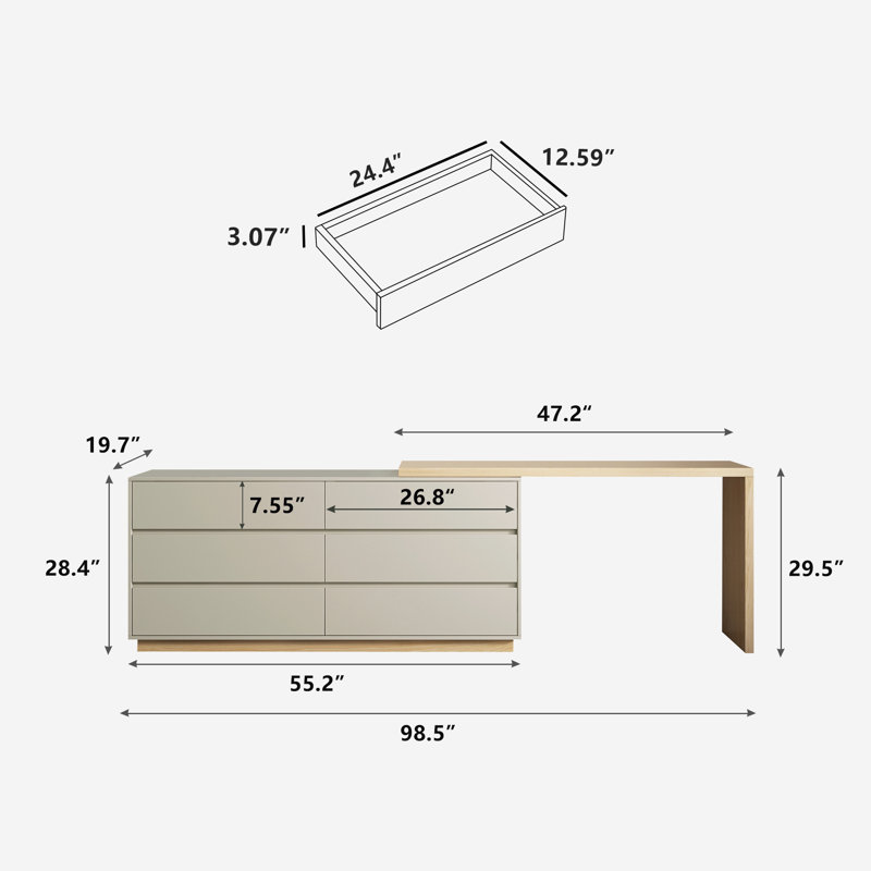 L-shaped Desk with a Telescopic Design and 6 Storage Drawers for Home Office