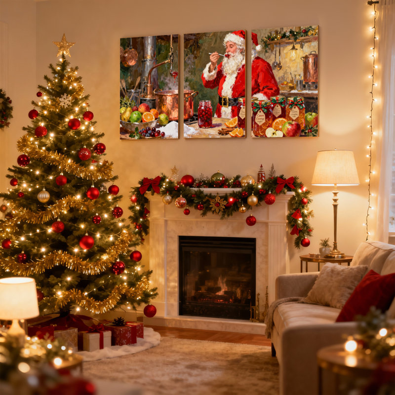 Ensemble de 3 impressions sur toile, "Christmas Santa Fabrication Holiday Jam In Kitchen", H 30 po x l 60 po
