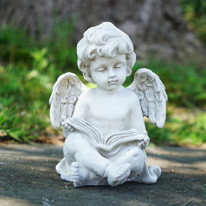 Statue de jardin d'extérieur ange assis gris 6,5 po