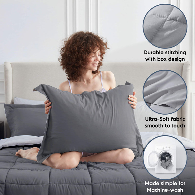 Bed-in-A-Bag Reversible Comforter Set with Bed Sheets, Full Comforter + 7 Additional Pieces, Dark Grey