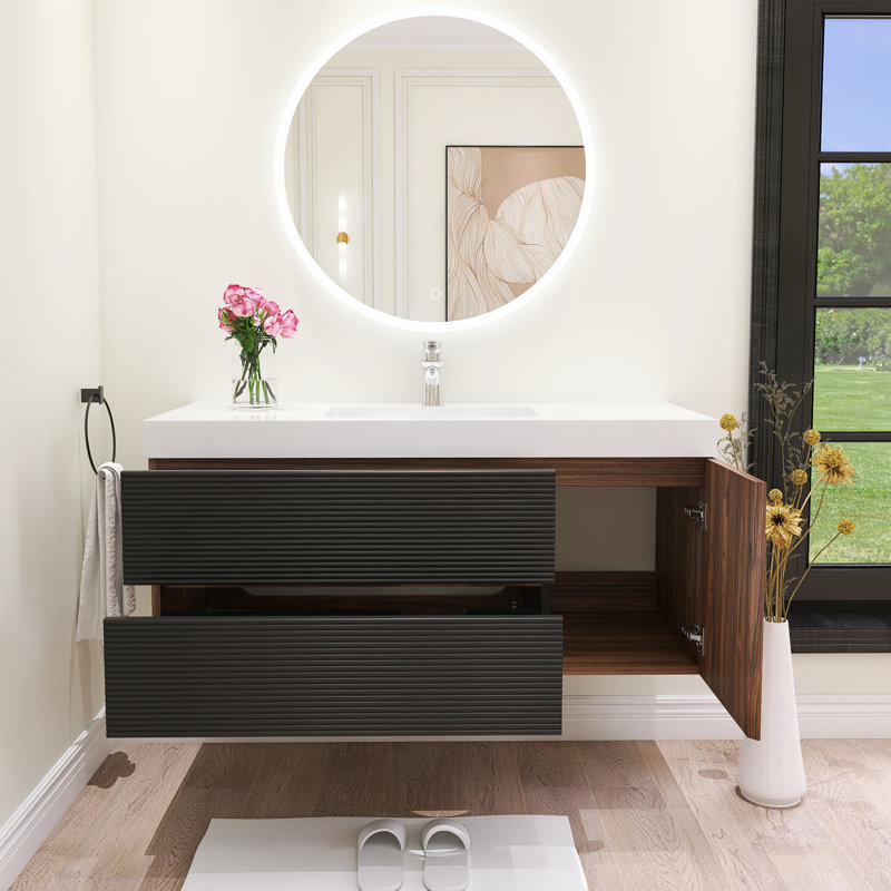 Meuble-lavabo mural moderne 48 po avec lavabo simple en quartz, Blanc lustré