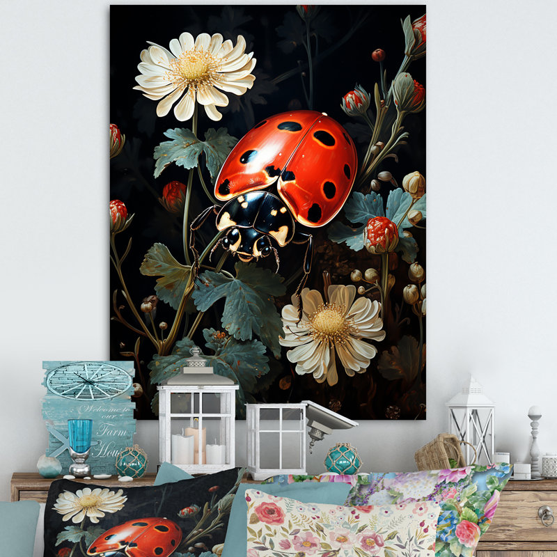 Coccinelle à motif floral sur toile, H 44 po x l 34 po x P 1,5 po, Toile tendue