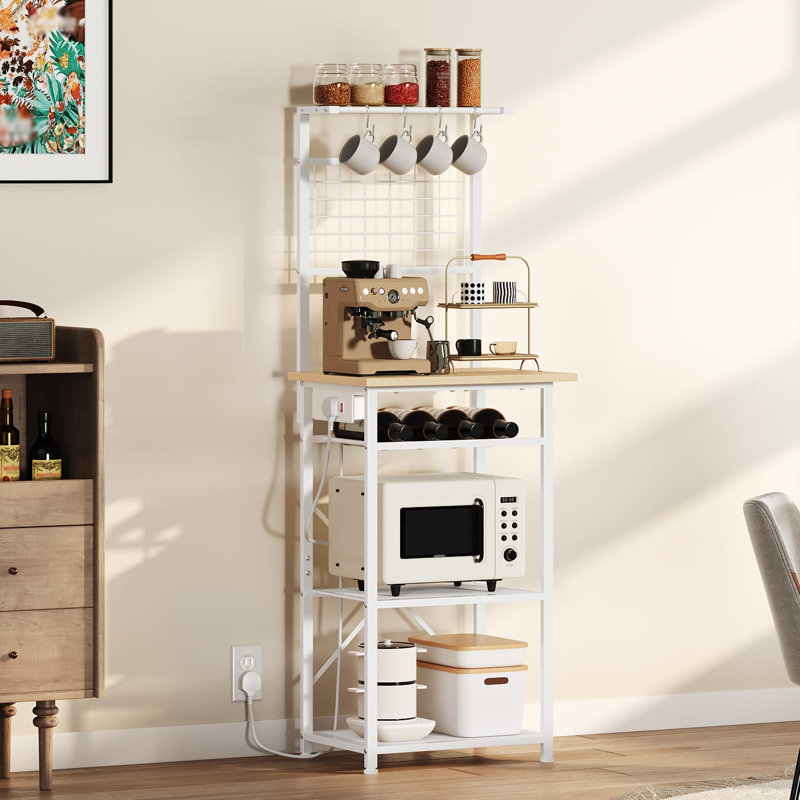 Bakers Rack, Microwave Stand with Power Outlet, Coffee Bar Station with Wine Rack and Hooks, Kitchen Storage Shelf, 2 AC Outlets and 1 Power Switch