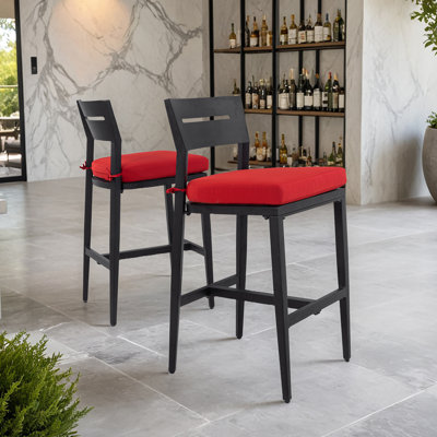 Tabourets de bar d'extérieur modernes de 2 pièces, chaise de bar de patio en aluminium avec dossier ergonomique, pieds fuselés, repose-pieds, coussin, résistant aux intempéries, pour jardin, bord de piscine et îlot de cuisine