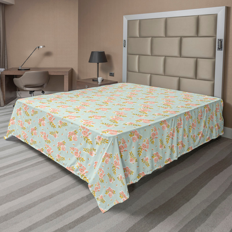 Drap plat moderne de style bohème Ambesonne, Saumon / jaune terre / motif floral blanc 1, Full Flat Sheet