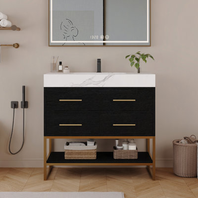 Artificial Stone Bathroom Vanity with Ceramic Sink, Modern Bathroom Sink Cabinet with Soft Close Drawers and Open Shelves, Free-standing Bathroom Vanity with Stainless Steel Legs and Large Space