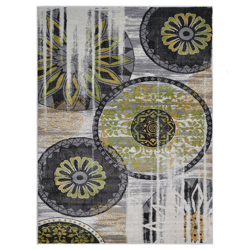Tapis en polypropylène tissé à la machine Crayton - couleur noir et vert | Motif floral | Tapis de salon