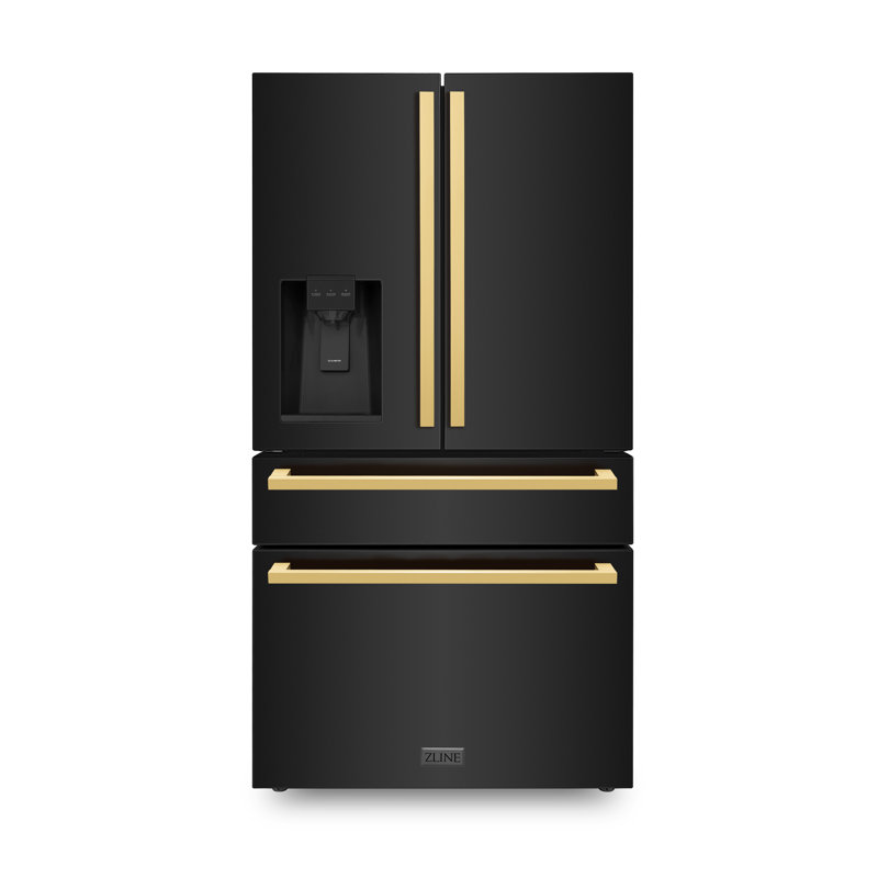 Zline 36 In. Autograph Edition 4-door Refrigerator In Black Stainless W/ Flat Gold Handles