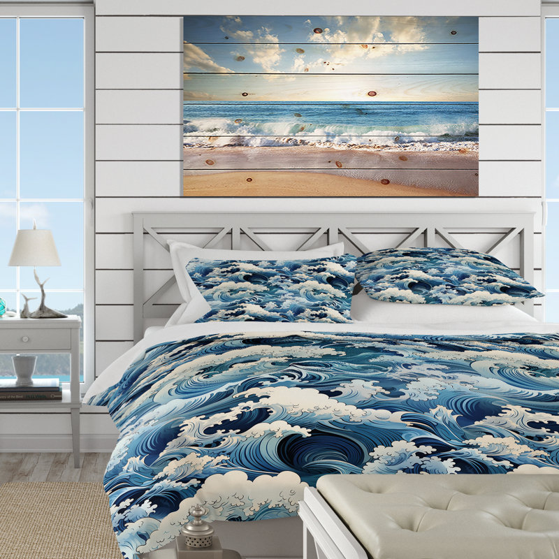 Ensemble de housse de couette White Blue Japan Tsunami Crests I - Coastal, Housse de couette simple + 1 taie décorative stan