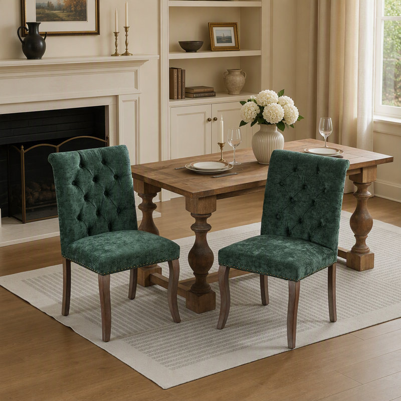 Chenille Upholstered Dining Chair, Tufted Accent Chair with Curved Solid Wood Legs & Rivet Details, Multi-Use Chair for Dining Room, Kitchen & Living Room, Set of 2