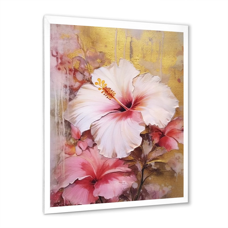 Exotic Gold and Pink Hibiscus Beauty, reproduction d'art sur toile, Cadre simple blanc, H 44 po x l 34 po x P 1,5 po