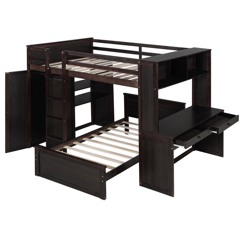 Lit superposé en forme de L avec bureau, bibliothèque et armoire Hasel, Double sur double, Espresso