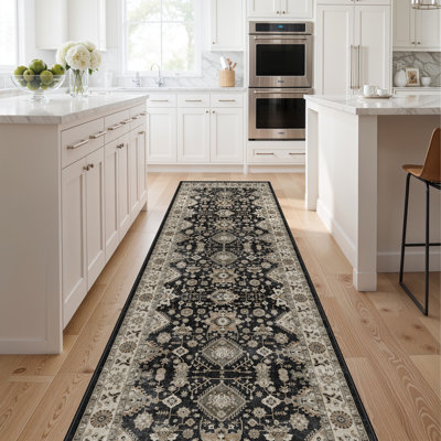 Tapis de couloir lavable: Tapis antidérapant avec envers en caoutchouc Tapis de cuisine doux Tapis de ferme patiné pour le salon, la chambre et la salle de bain (noir)