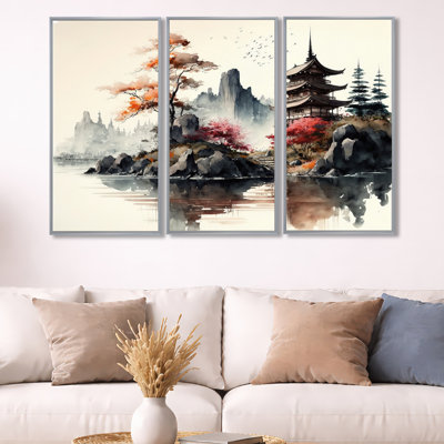 " Watercolor Japenese Landscape I " 3 - Pieces