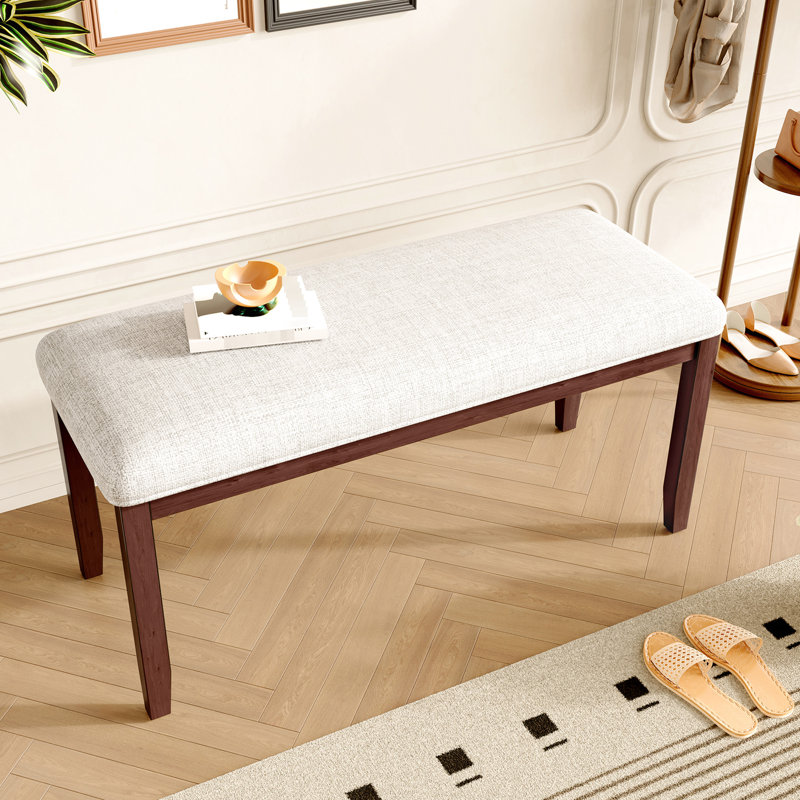 Banc de style Mid-Century moderne de 38 pouces avec siège rembourré en lin beige et pieds en bois d'hévéa massif pour l'extrémité de la chambre à coucher, le couloir et la salle à manger