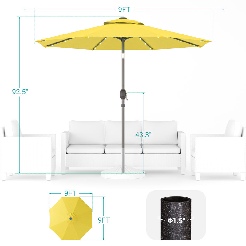 Parasol de marché lumineux 9 pi Odis, H 92,5 po x l 108 po x P 108 po, Jaune