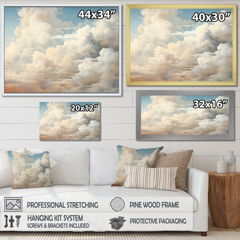 «Beige Minimalisme Clouds II», reproduction sur toile, H 16 po x l 32 po x P 1 po, Cadre flottant doré