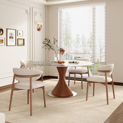 Modern Sintered Stone Round Dining Table Sets With Soild Wood Pedestal Base