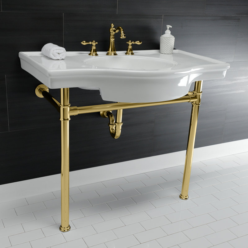 Kingston Brass Templeton 37-Inch Ceramic Console Sink with Stainless Steel Legs (8-Inch, 3-Hole), Polished Brass