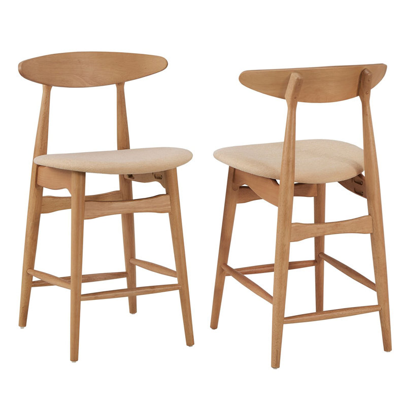 Upholstered Counter Stool, Oak, Beige Linen