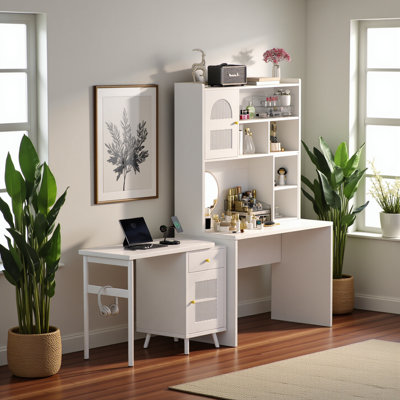 Computer Desk With 90 Degree Rotating Desktop, 43x70 Inch Office Desk With Storage Drawer And Cabinets, Gaming Desk With Shelves, Writing Desk For Study, Work Desk For Home