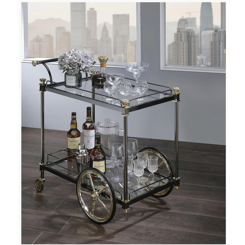 Chariot de service rectangulaire en verre et en métal - décorations noires / dorées, rangement pour accessoires de vin transparent et fini 2 tablettes pour apéritifs, cadre, porte-bouteilles, mobile avec roulettes