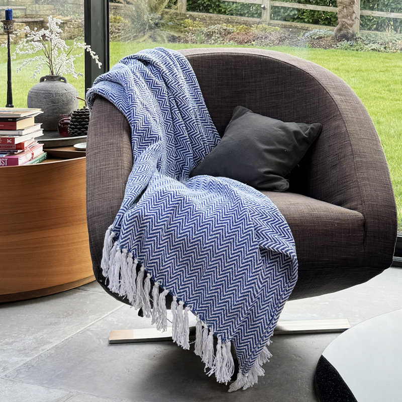 Audley Chevron Herringbone Throw Blanket, 150 cm x 200 cm, Blue