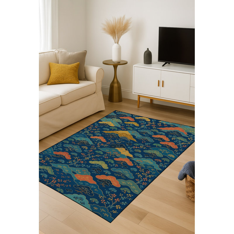 Tapis tissé traditionnel bleu marine Mosso, 3'11" x 5'11"