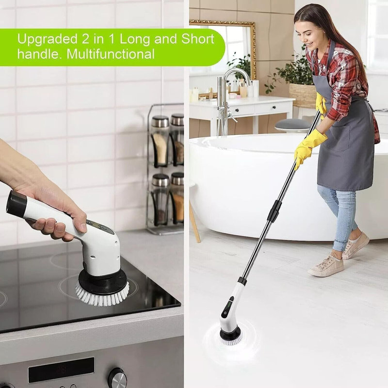 Autolaveuse électrique, brosse de nettoyage sans fil avec 7 têtes de brosse remplaçables, brosse de lavage pour la baignoire et le plancher 360 vitesses à double vitesse avec poignée réglable et détachable pour la cuisine de la salle de bain