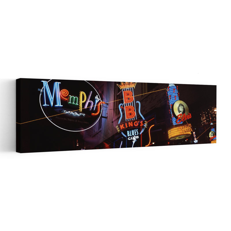 Low Angle View Of Neon Signs Lit Up At Night Beale Street Memphis Tennessee USA by Craig C. Sheumaker - Wrapped Canvas Panoramic Print