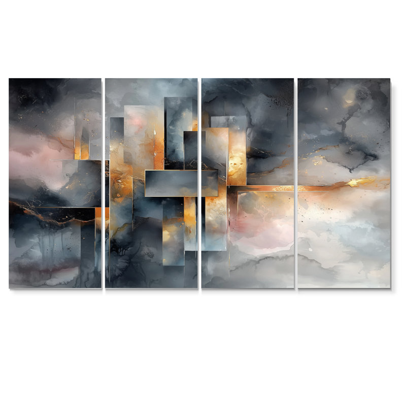 «Geometric Ink Pulse I - Constructivism Wall Art», ensemble de décorations murales modernes, 4, H 28 po x l 48 po