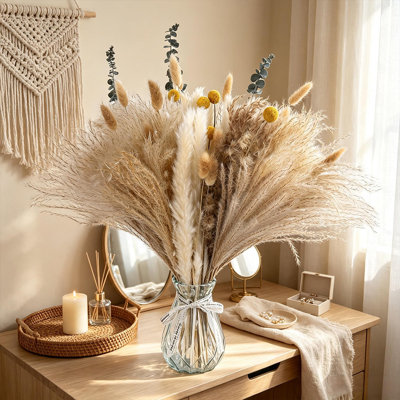 Ensemble de 80 bouquets d'herbes de pampas séchées naturelles, fleurs séchées mélangées avec queue de lapin, tiges d'eucalyptus et boules de billy, décoration de maison de ferme bohème pour vase, arrangement floral de table de mariage (ensemble de 80)
