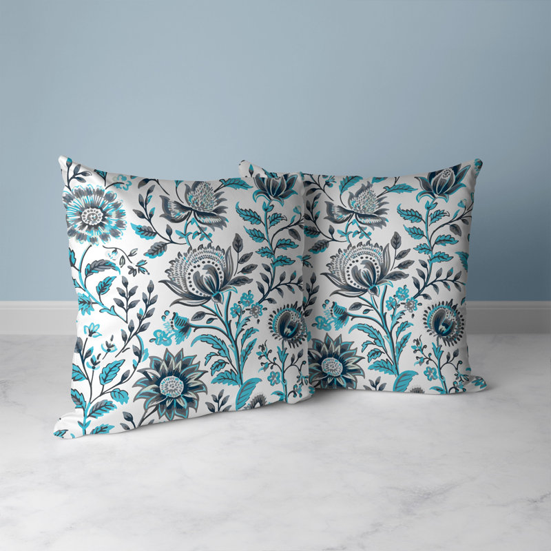 Turquoise and Gray Floral Faux Suede 16" Square Pillow