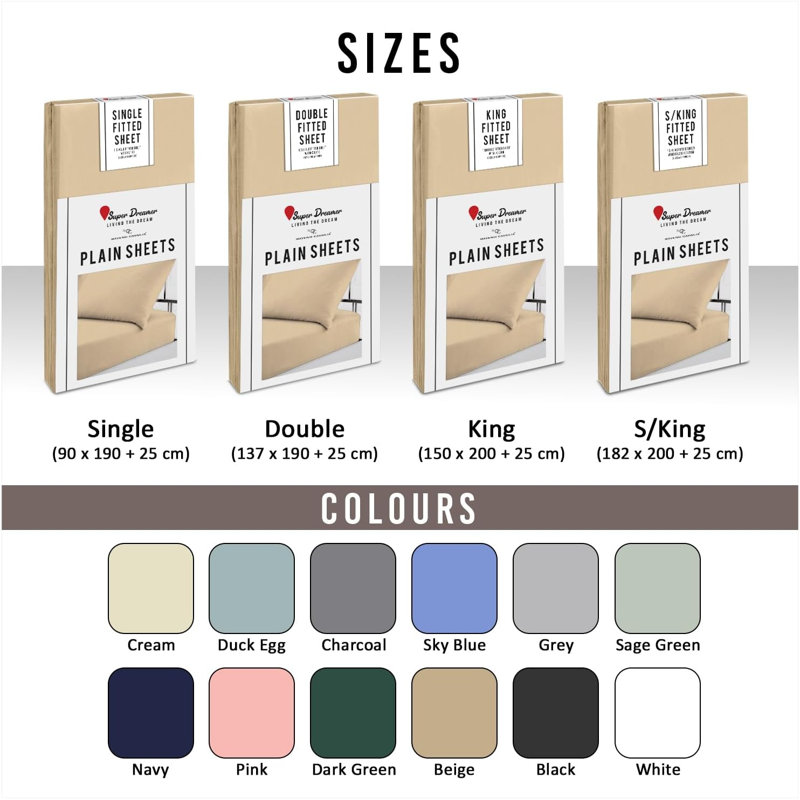 Super Dreamer Fitted Sheet Solid Colour - Polyester Single Double King Size Machine Washable High Quality Yarn Bed Set, Beige